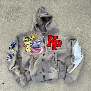 Sweat à capuche sans piqûre 100% coton délavé à l'acide avec poche kangourou pour hommes Nouveau design à la mode Badges de broderie à fermeture éclair personnalisés pour - Product Image 3