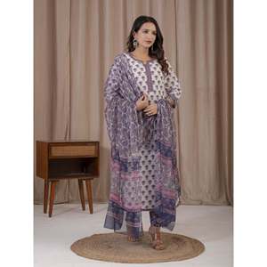 Hand <b>Block</b> <b>Printed</b> White Grey Cotton Kurta Pant Set Ethnic Pakistani-Indian Style Net Fabric for Special Occasions Parties - Product Image 4