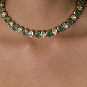 Ethnic Wear Gajaah 925 Sterling Silver The Eternal <b>Garden</b> Rivière A Classic Emerald & Polki Diamond Line Necklace - Product Image 4