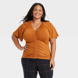 เสื้อถักแขนสั้นเอวเข้ารูปสำหรับผู้หญิง Ava & Viv สีบรอนซ์ ไซส์ 2X - Product Image 1