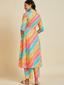 Vêtements ethniques indiens de qualité supérieure pour l'exportation, ensemble kurta et pantalon palazzo en coton imprimé Bandhani multicolores, prêt-à-porter pour femmes - Product Image 6