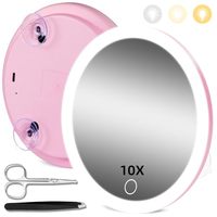 Miroir de maquillage à ventouse avec anneau lumineux LED rechargeable et interrupteur tactile, grossissement 10X, pour retouches et application de maquillage