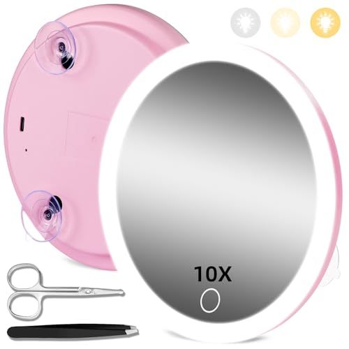 Touch Switch Charging LED Light Ring Suction Cup 10X Magnifying Suction Cup Makeup Mirror for Touch-up and Makeup Application