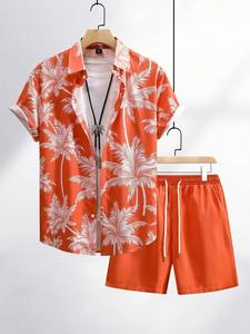 Moda Casual Hombres Terry Twin Set Beachwear Ajuste relajado Traje de dos piezas con camisa estampada y pantalones cortos para vacaciones de verano - Product Image 6