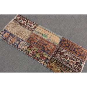 Tapis en laine beige bohème écoresponsable fait main 2,1 x 5 pieds, design patchwork classique turc à poils moyens pour salle à manger, en latex - Product Image 4