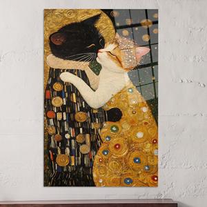 Obra de arte romántica impresa en lienzo con diseño de pareja de gatos de Gustav Klimt - Decoración elegante, arte en vidrio templado - Product Image 1
