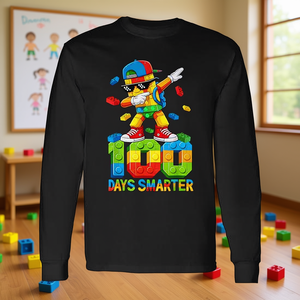 Maglietta a Maniche Lunghe per Ragazzi '100 Giorni di Scuola' con Design di Blocchi e Mattoncini, T-Shirt Promozionale per Bambini - Product Image 2