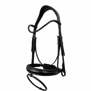 Bridon de cheval en cuir verni noir intégral avec nezier rembourré, frontale ornée de cristaux et tête anatomique - Modèle ADIBA OVERSEAS AO/B/74 - Product Image 1