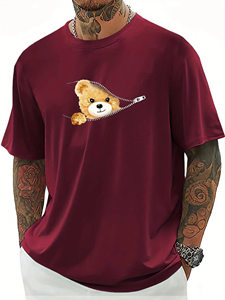 เสื้อยืดคอกลมแขนสั้นสำหรับผู้ชาย, เสื้อยืดคอกลมแขนสั้นพิมพ์ลายหมีน่ารักทรงหลวมลำลองสำหรับฤดูร้อน - Product Image 6