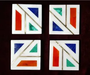 Dessous de verre en marbre blanc fait à la main ensemble incrustation florale travail de luxe Pietra Dura Art décor à la maison céramique pierre sous-verres utilisation de Table parfaite - Product Image 3