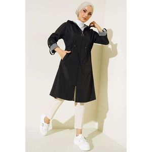 Trench-coat vintage pour femme en noir avec intérieur rayé taille rassemblement imperméable en cuir PU longue longueur impression décoration - Product Image 4