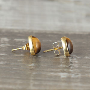Tiger Eye Triangular Stud <b>Earrings</b> With Gold Tone Push Back Closure | Glossy Geometric Minimal Jewelry For <b>Women</b> - Product Image 3