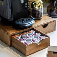 Kotak Penyimpanan Kapsul Kopi & Teh Kayu Akasia Persegi Panjang 2-Laci, Organizer K-Cup untuk Meja Dapur