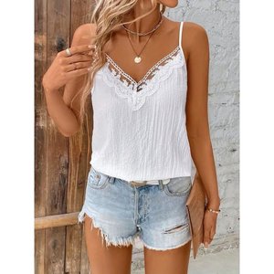 Chemise en crêpe à col en V et dentelle pour femme, 32438 - Blanc - Product Image 2