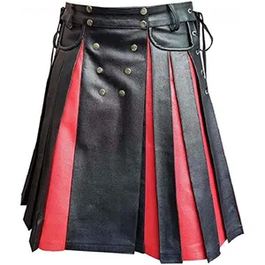 Mens Black &amp; Red Leather Gladiator Kilt with Flat Front Panels Scottish Kilts Utility breathable easy to wear top class