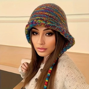 Arc-en-ciel rayé oreille rabat chapeaux classique résistant au froid tricot chapeaux chaud casquette à la mode bonnets pour femmes femme automne et hiver - Product Image 2