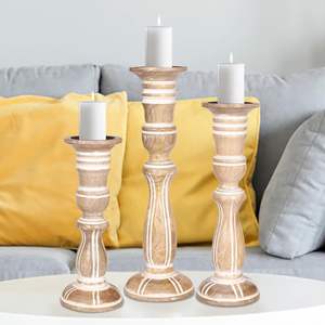 <b>Candle</b> <b>Holder</b> Set of 3, Tall White Antique <b>Pillar</b> <b>Candle</b> <b>Holders</b>, Rustic Farmhouse Decor, Brown <b>Wooden</b> <b>Candle</b> Stands for Home - Product Image 1