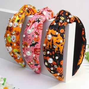 Halloween Beaded Fabric Knotted <b>Headbands</b> Rhinestone Pumpkin Candy Corn Crystal <b>Padded</b> Hairband Festive Party Hair Accessories - Product Image 3
