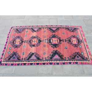 Vintage Turkish Accent Rug 3.37x5.8 ft, <b>Red</b> Blue Striped <b>Wool</b> Rug - Product Image 4