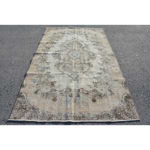 5.1x8.4 ft Turkish Vintage Rug, Large Rug, <b>Brown</b> Blue Plants & trees <b>Wool</b> Rug - Product Image 1