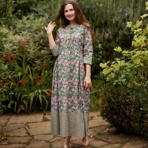 Robe Ragalata faite à la main, coupe trapèze, longueur mollet, bohème, vert rose, pur coton, robe de vacances, mode éthique - Product Image 1