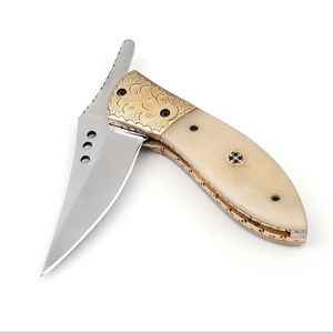 Damascus Stainless Steel Drop Point Folding <b>Knife</b> Back Lock Bone Handle Leather Sheath for <b>Pocket</b> <b>EDC</b> Hunting Camping ODM OEM - Product Image 1