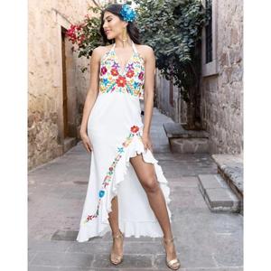 Vestido de Noche Negro Bordado para Mujer, Estilo Mexicano, Cuello Halter, Asimétrico, para Fiesta - Product Image 3