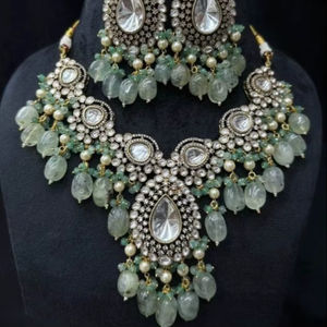 Gold Plated Luxury Designer Polki Necklace <b>Set</b> with Earrings <b>Bridal</b> <b>Jewelry</b> for Wedding & Party Celebration - Product Image 1