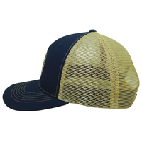 Casquette de camionneur personnalisée 6 panneaux, broderie tissée, bandes de couture imprimées en maille jaune bleu marine, boucle en plastique unique unisexe