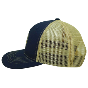 หมวกทรูเกอร์ออกแบบได้เอง6แผงผ้าปักลายสีน้ำเงินเข้มเหลืองตาข่ายพิมพ์เทปมีตะเข็บเส้นเดียวกระดุมพลาสติกสำหรับทุกเพศ - Product Image 3