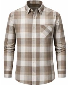 Camisa a Cuadros para Hombre, Manga Larga, Estilo Casual de Franela, Color Beige Marrón Claro, Fabricante Personalizado, Venta al por Mayor, OEM - Product Image 1