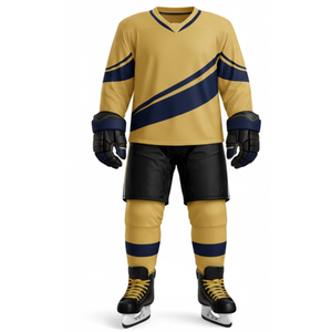 Ensemble d'uniformes de hockey sur glace OEM or et bleu marine - Concevez votre propre logo Vêtements de sport Jersey de hockey professionnel à rayures diagonales - Product Image 1