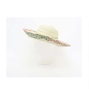 Top 1 supplier in Vietnam - White straw hat with green and red pattern border model HA287 for Summer