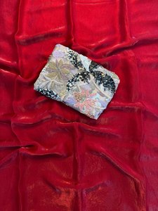 Sari en soie Banarasi simple et élégant, magnifique broderie de sequins, longueur standard, pour les fêtes d'été, sari + blouse indien - Product Image 5