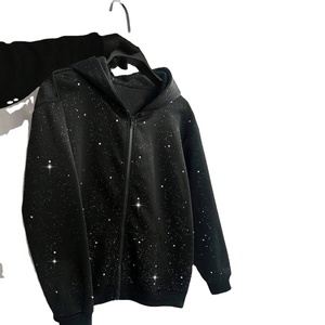 Custom Logo <b>Black</b> Rhinestone Winter Men's Fleece <b>Zip</b> <b>Hoodies</b>-Plain Dyed Quick Dry & Breathable - Product Image 1