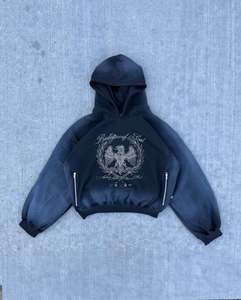 Fabricants de vêtements personnalisés lavage à l'acide strass déchiré sérigraphie à capuche Double taille empilé Baggy pantalons de survêtement ensemble éponge - Product Image 2