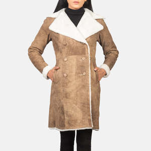 Abrigo de Piel de Oveja Amie Brown, Estilo Doble Botonadura, con Efecto Desgastado - Product Image 3