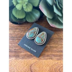 Wydelle Billie #8 Turquoise & Sterling <b>Silver</b> <b>Stud</b> <b>Earrings</b> Water Drop Shape with Bezel Setting - Product Image 3