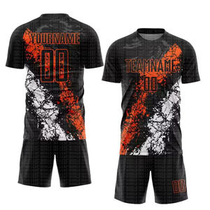 Camiseta de fútbol de poliéster transpirable de secado rápido personalizable negro naranja-blanco sublimación diamantes de imitación adornado servicio OEM - Product Image 1