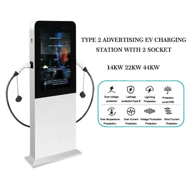 New 44kW 22kW*2 Advertising Screen Electric Car Charger Credit Card Payment Fast EV Charging Station IP65 Waterproof Type 2