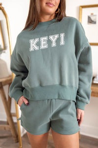 Ensemble de survêtement pour femme en coton 100% avec logo personnalisé, pull à col rond surdimensionné en deux pièces, short et sweat-shirt d'hiver - Product Image 2