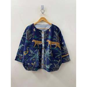 Hand Block-Printed <b>Quilted</b> Cotton <b>Jacket</b> with Coconut Shell Buttons Full Sleeve Summer the Jungle Navy - Product Image 4