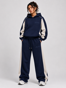 Navy Contrast Panel Hoodie Tracksuit Women's Regular Fleece Breathable Cotton <b>Wide</b> <b>Leg</b> Sweat Set Premium Streetwear - Product Image 1