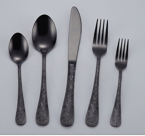 Vintage <b>Black</b> Matte Finish Metal Flatware <b>Set</b> With Ornate Handles Rust Resistant <b>Cutlery</b> For Wedding Use - Product Image 1