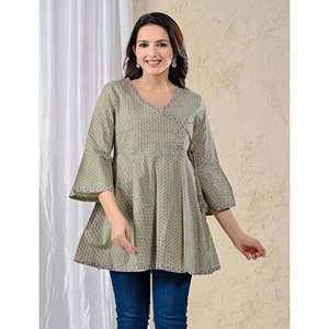 <b>Green</b> Cotton Poplin Knitted Angrakha <b>Top</b> Casual XL <b>Crop</b> <b>Top</b> for Women Woven Daily Summer and Spring Clothing with Casual Style - Product Image 5
