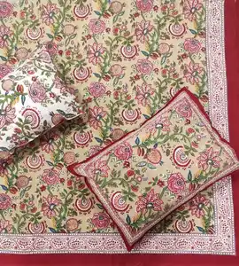 Capa de cama de algodão tamanho bloco de mão estampada conjunto de lençol de mão com desenho Jaipur arte de tapeçaria com travesseiro de duas peças