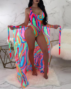 Nouveau maillot de bain <span class=keywords><strong>bikini</strong></span> trois pièces pour femme, avec chemisier en maille et imprimé contrastant, idéal pour les sources chaudes - Product Image 1
