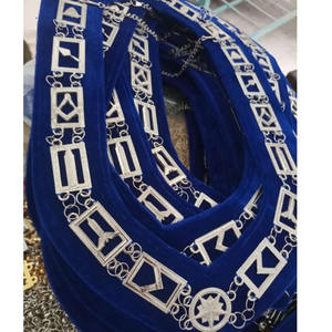 Collier en chaîne métallique argentée pour maître maçon, régalia maçonnique unique, avec support bleu, pour le Grand Arche, le Grand Prêtre, orné de perles rouges et argentées - Product Image 1