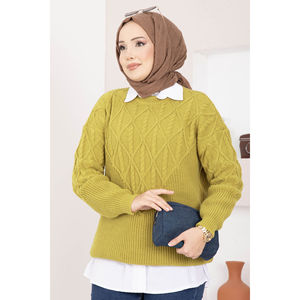 Cardigan en maille torsadée vert olive, décontracté, hiver, fermeture éclair, pull respirant et fin, avec bande logo sur le devant - Product Image 2