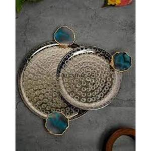 Set Of 2 Luxurious Quality Metal Round Shape Silver Shiny Polished Unique Design Engraved Serving Tray With Pink <b>Coaster</b> Handles - Product Image 5